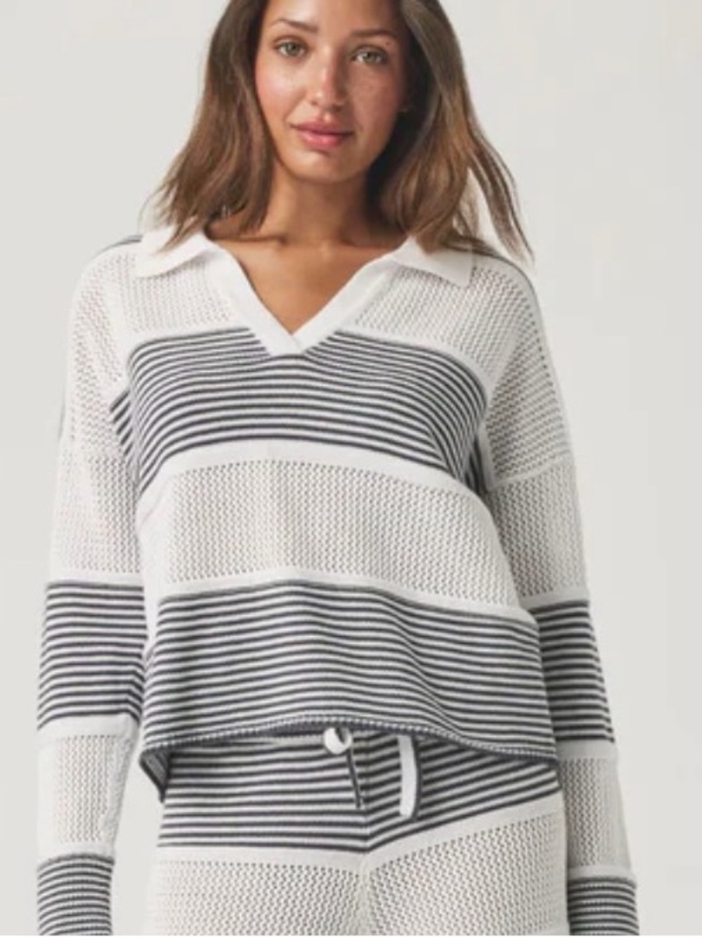 Splendid White and Ink  Striped Knit Polo Sweater